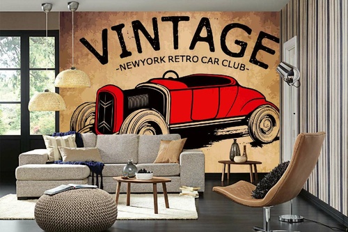 Vlies Fototapete - Vintage Auto Plakat 375 x 250 cm